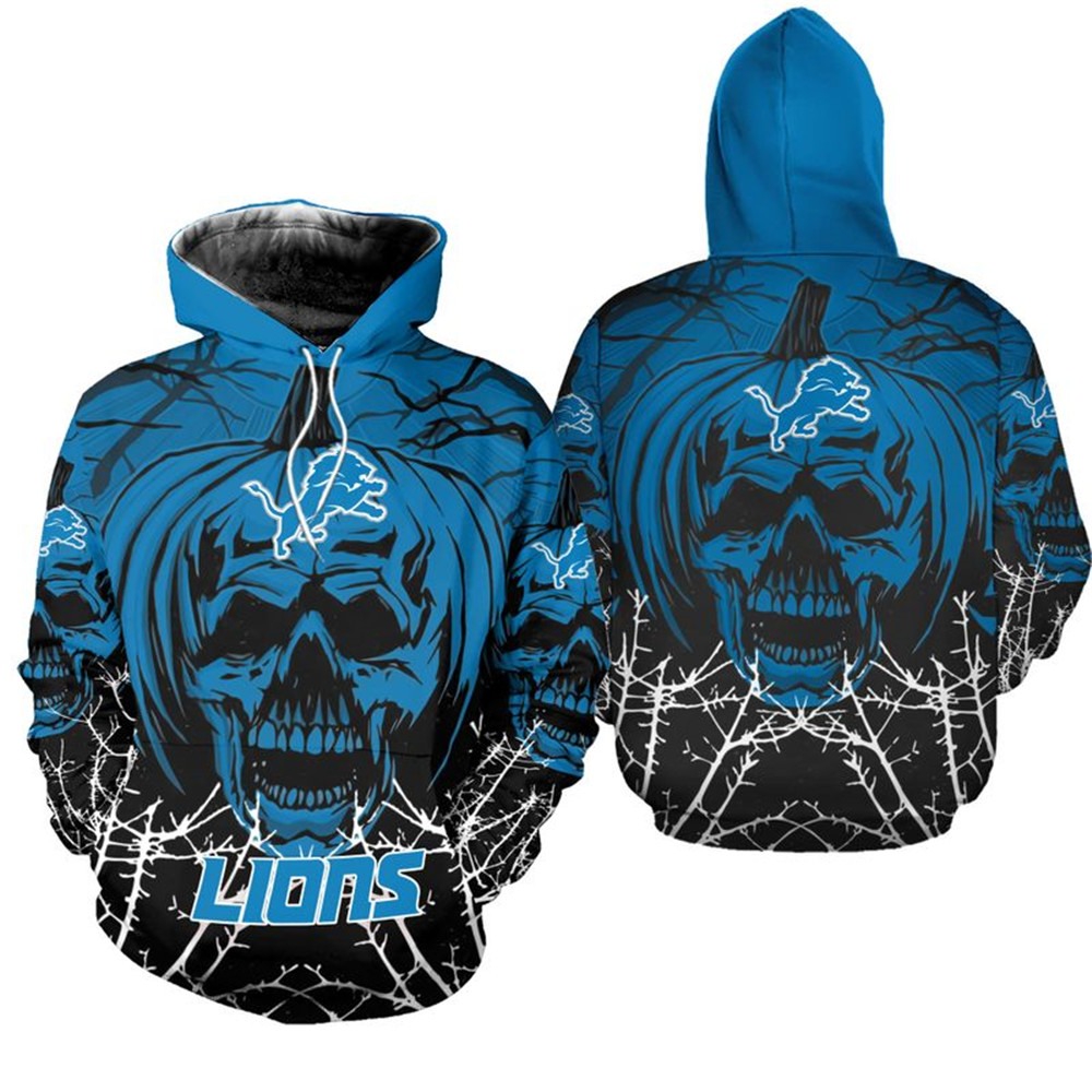 Halloween Detroit Lions All Over Print Zip Up Hoodie Pumpkin Skull Design 0