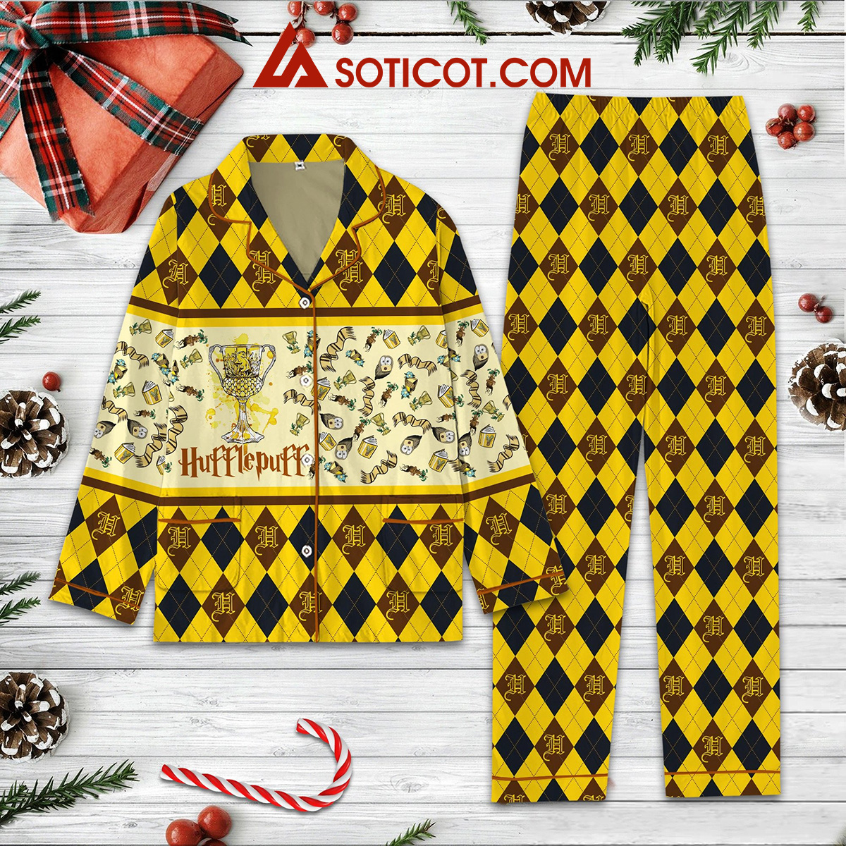 Harry Potter Hufflepuff Badger Draco Dormiens Nunquam Titillandus Christmas Silk Pajamas Set2B1 inufw