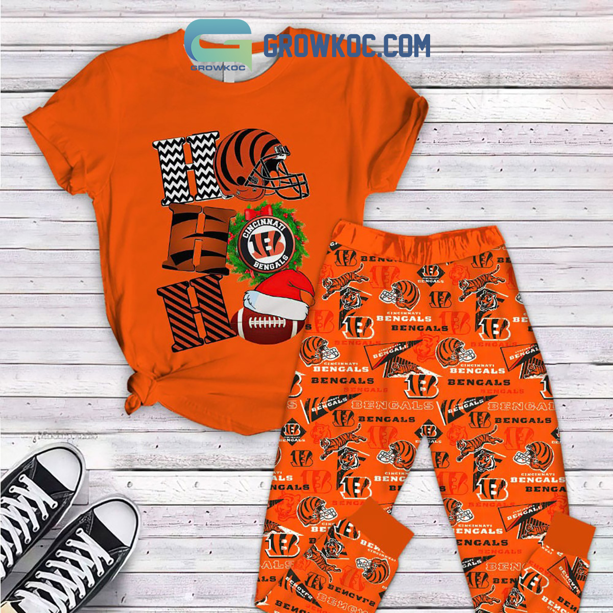 Ho Ho Ho Christmas Santa Claus Cincinnati Bengals NFL Team Holidays Fleece Pajamas Set2B1 13AR6