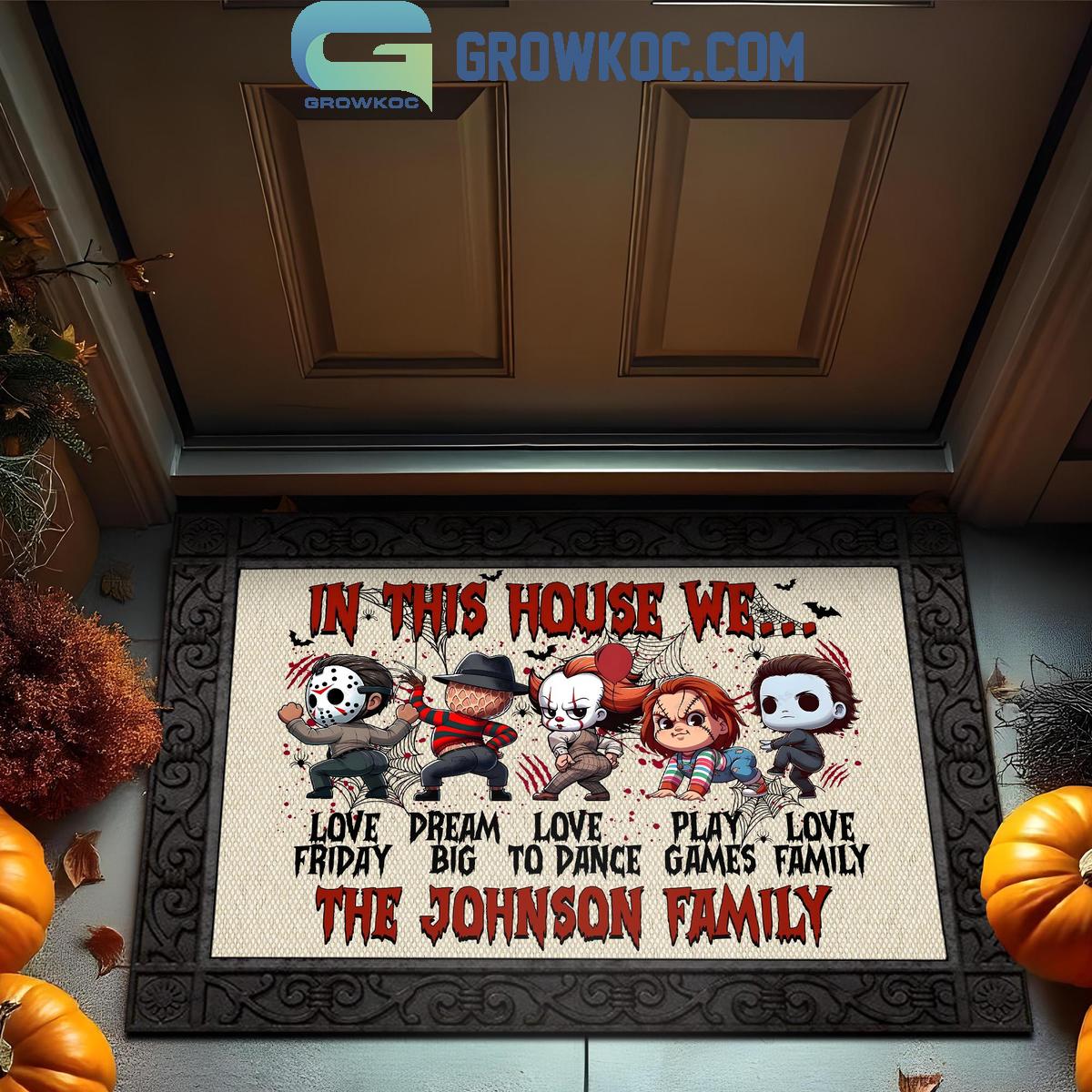 Horror Movie Killers In This House We Love Halloween Personalized Doormat 1 a8haD