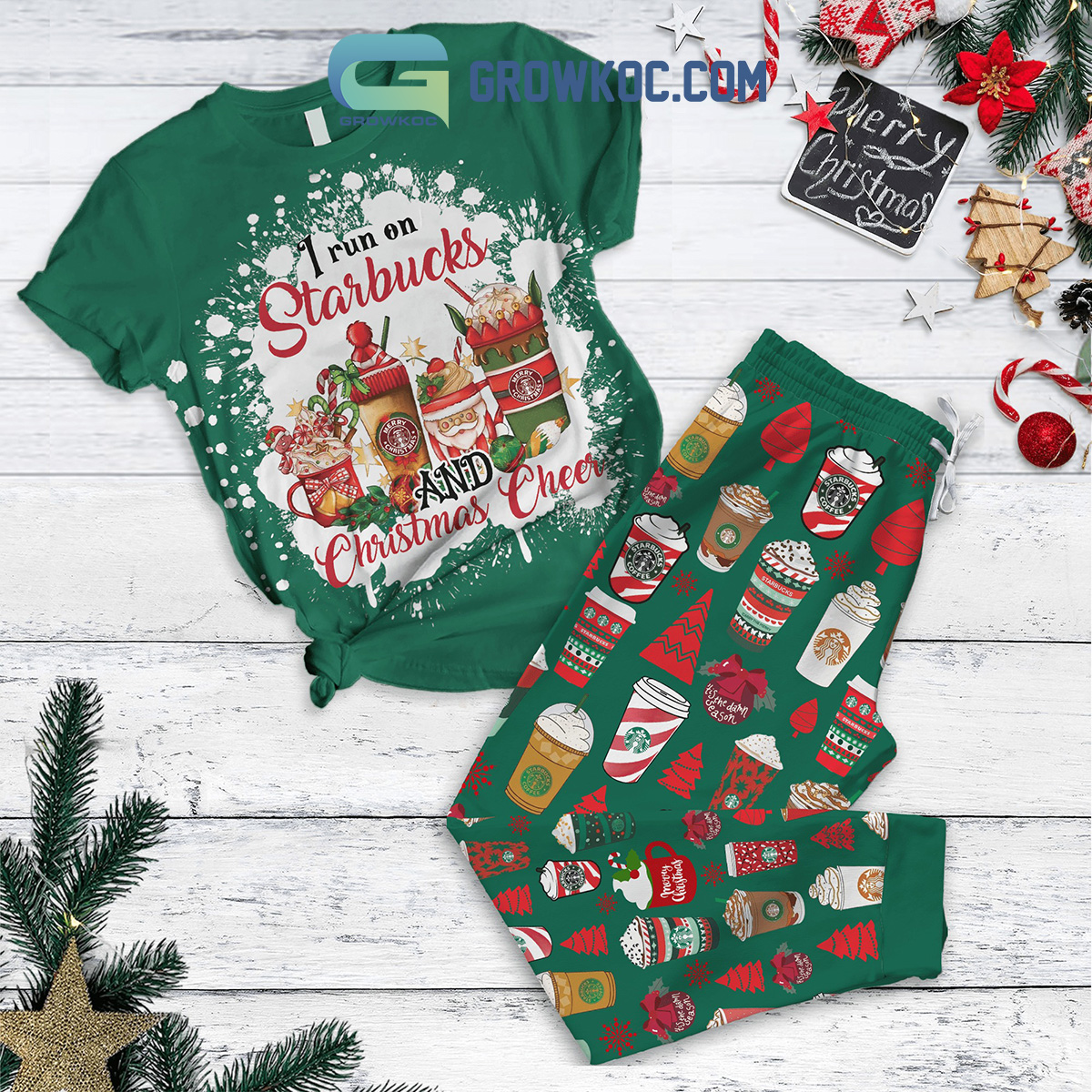 I Run On Starbucks And Christmas Cheer Pajamas Set2B1 qynHJ