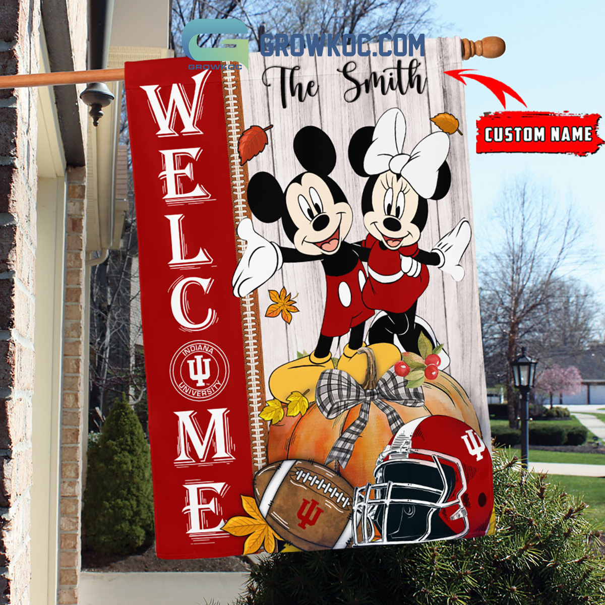 Indiana Hoosiers NCAA Disney Mickey Minnie Welcome Fall Pumpkin Personalized House Garden Flag2B1 PXghA