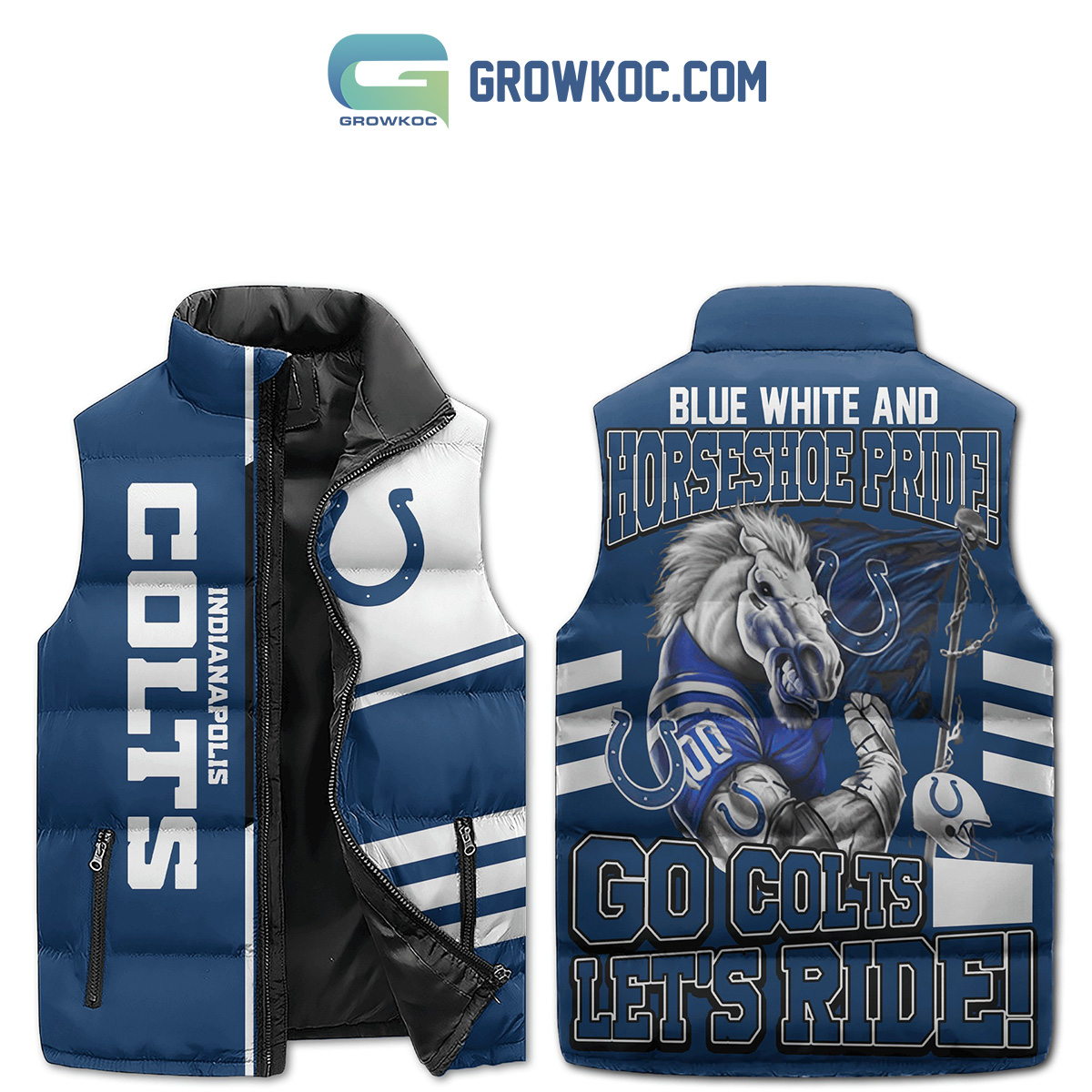 Indianapolis Coins Blue White And Horseshoe Pride Go Colts Lets Ride Christmas Winter Sleeveless Puffer Jacket2B1 ZETA9