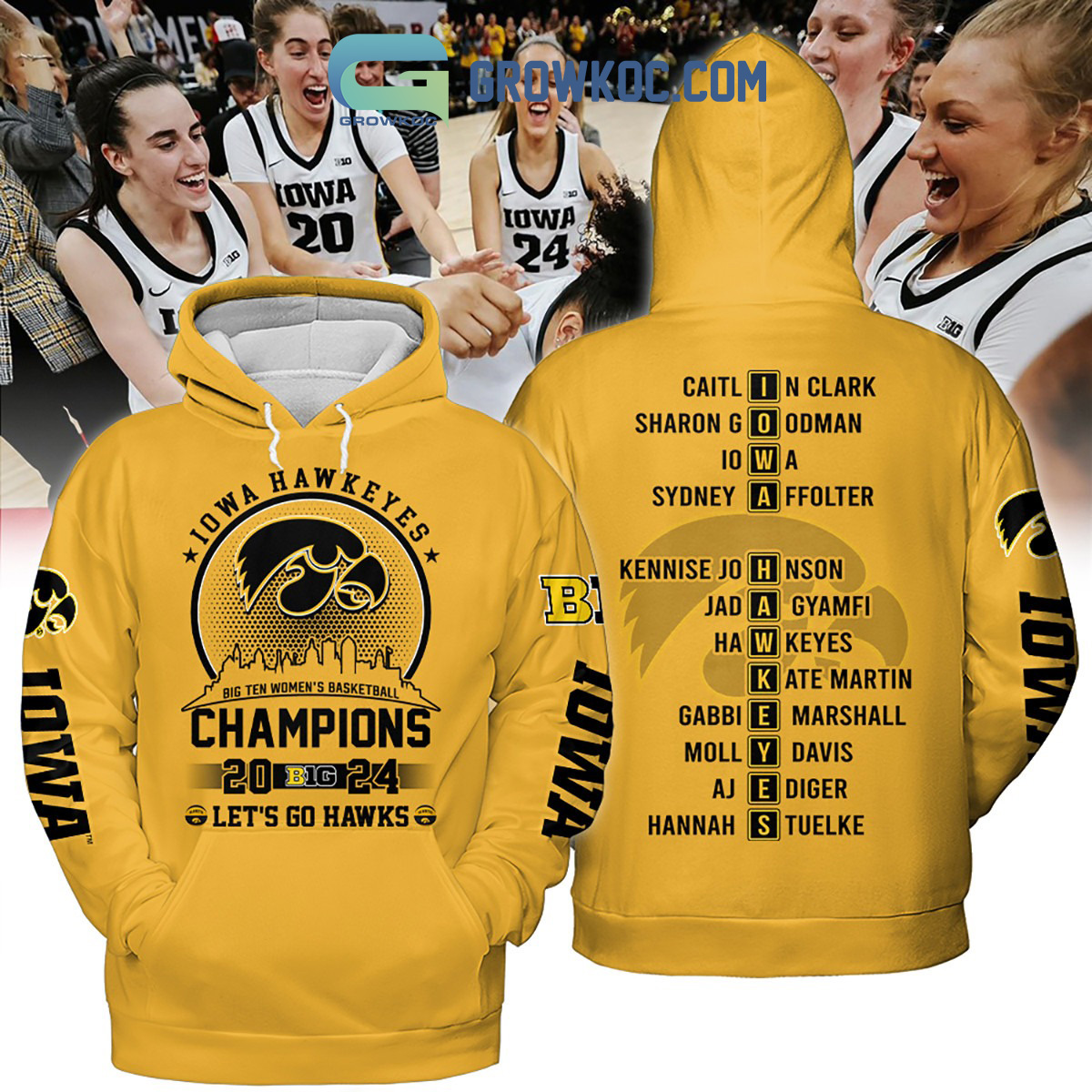 Iowa Hawkeyes Big Ten Womens Basketball Champions 2024 Hoodie Shirts Yellow Design2B1 czuz8