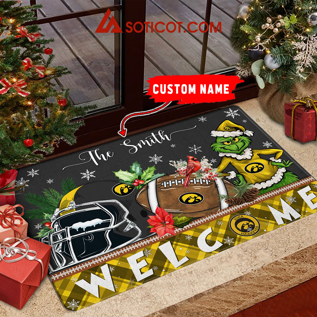 Iowa Hawkeyes Grinch Welcome Christmas Football Personalized Doormat2B1 Cldfv