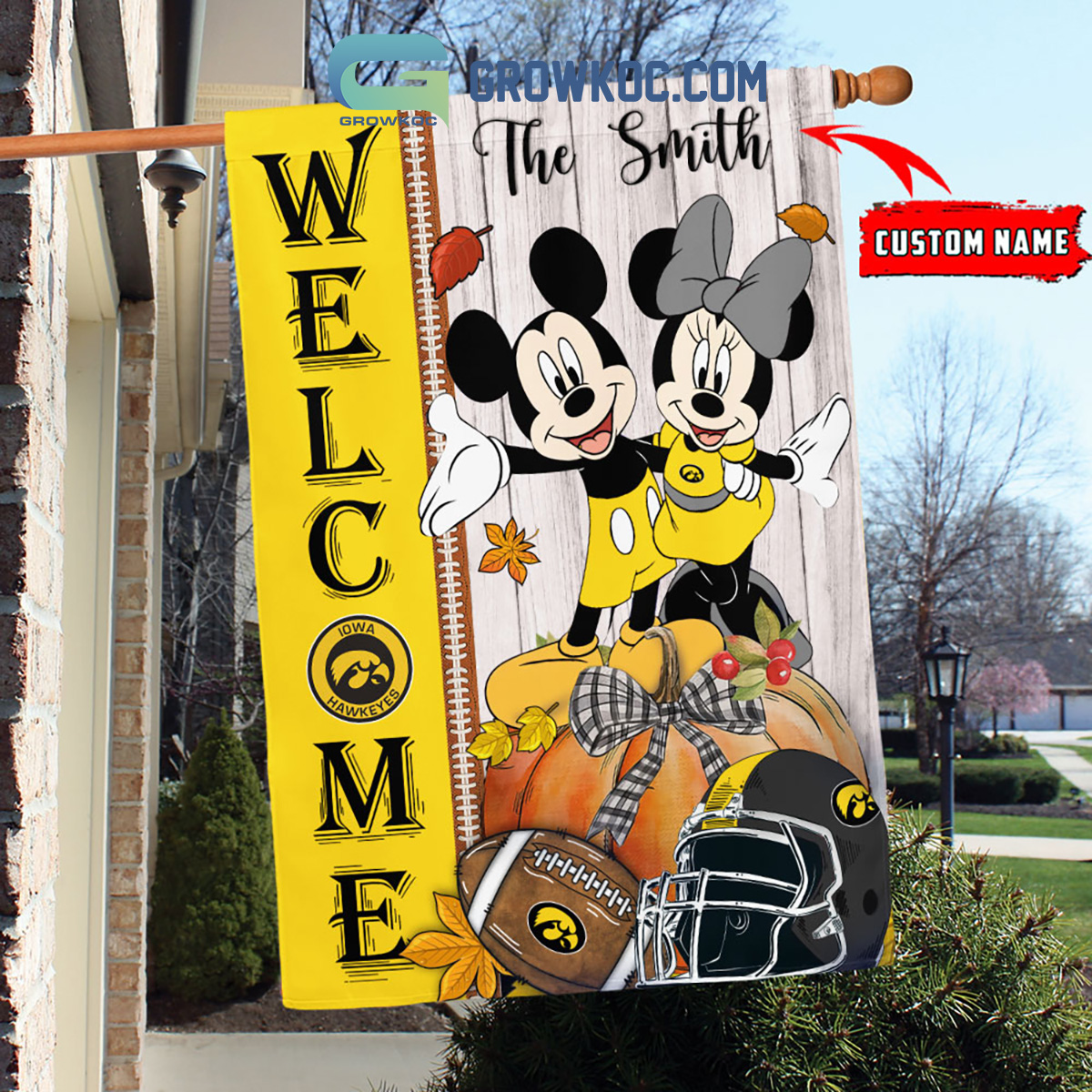 Iowa Hawkeyes NCAA Disney Mickey Minnie Welcome Fall Pumpkin Personalized House Garden Flag2B1 i8NYc