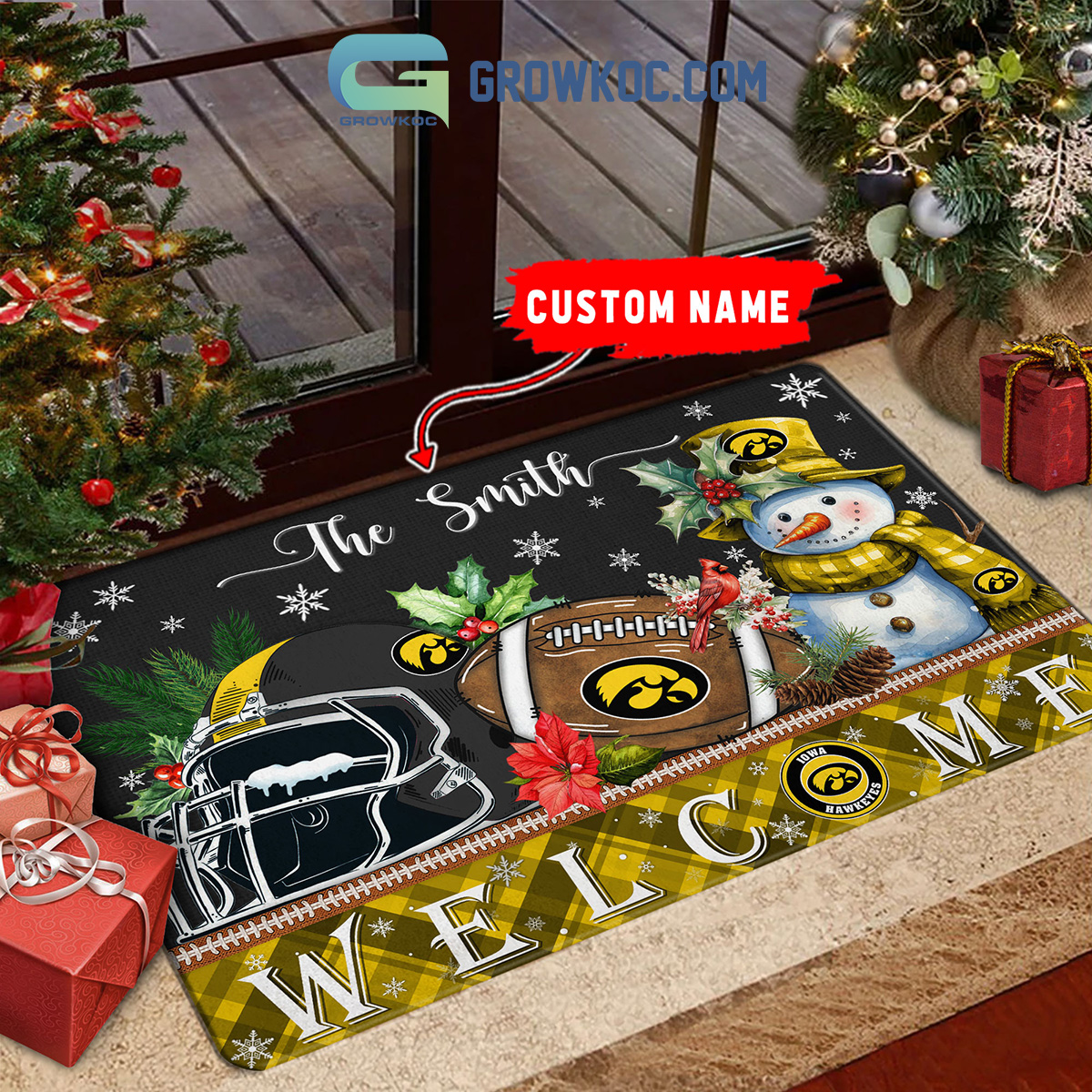 Iowa Hawkeyes Snowman Welcome Christmas Football Personalized Doormat2B1 ALyIE