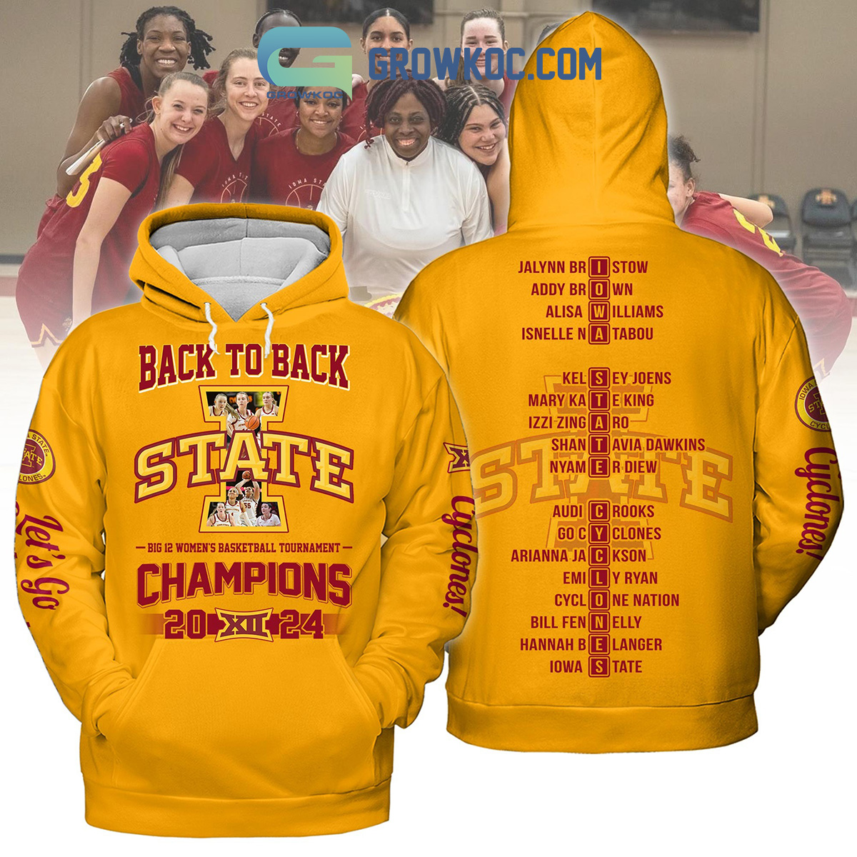 Iowa State Cyclones Big 12 Basketball Champions 2024 Back2back Hoodie Shirts Yellow Design2B1 j8KuT