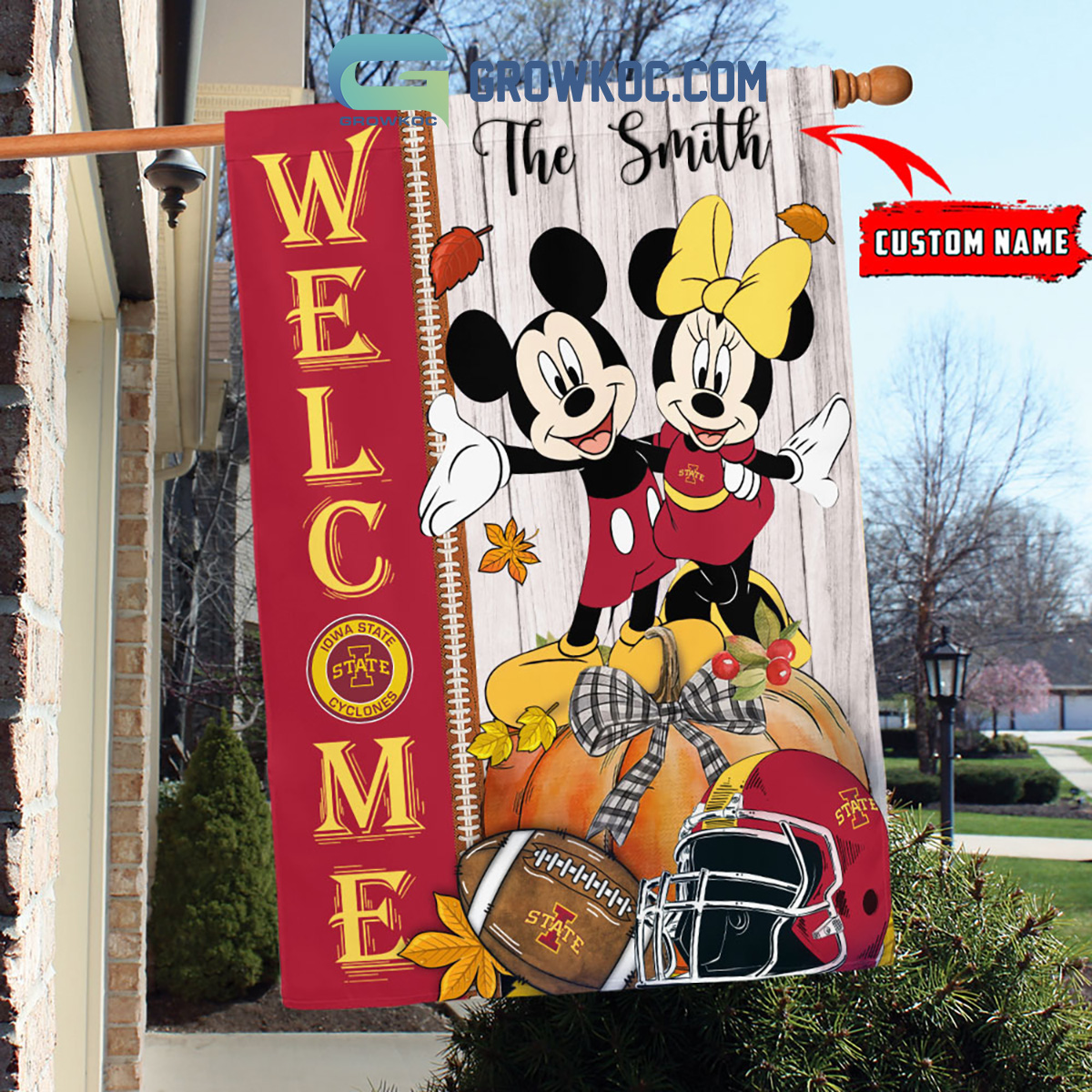 Iowa State Cyclones NCAA Disney Mickey Minnie Welcome Fall Pumpkin Personalized House Garden Flag2B1 r7DlG