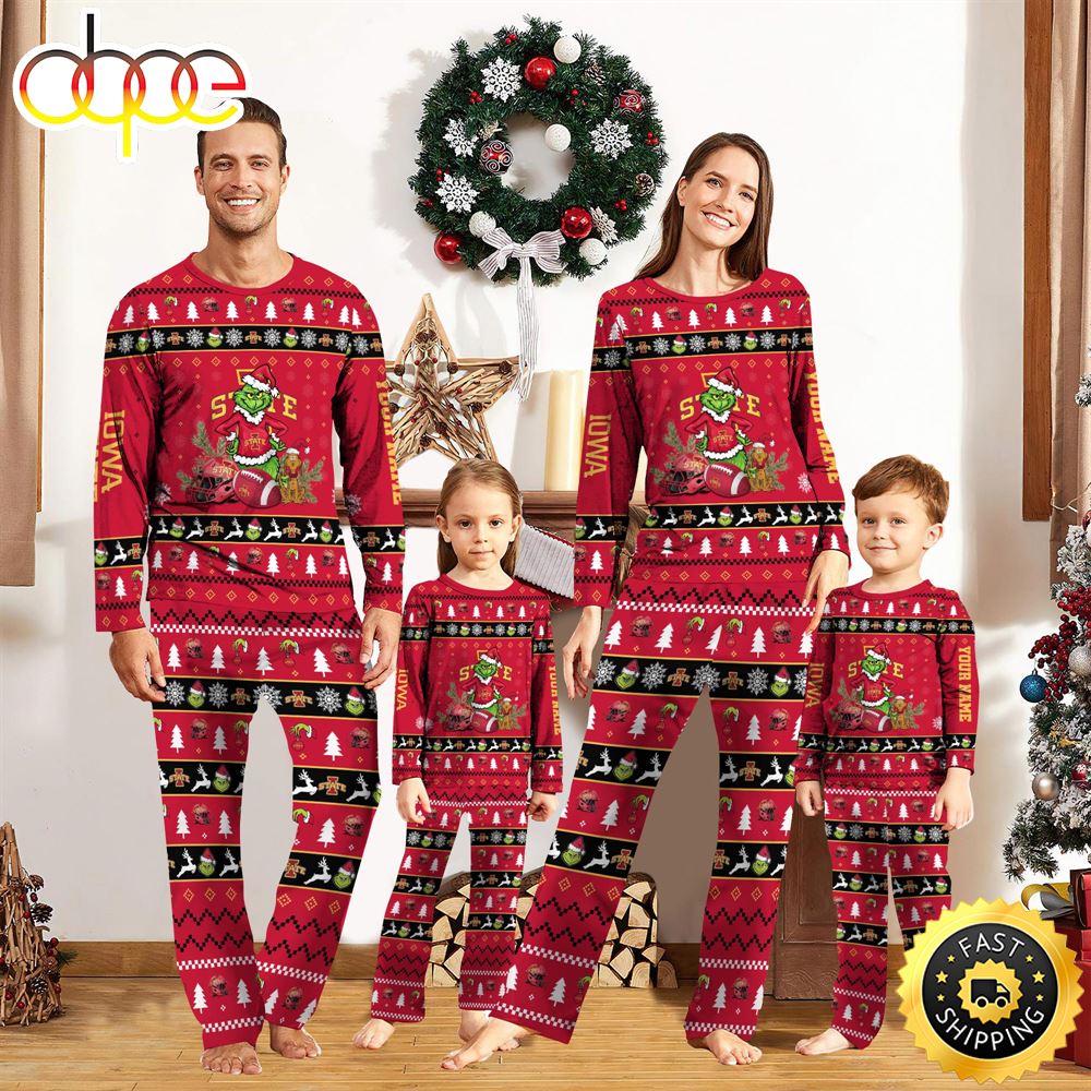 Iowa State Cyclones NCAA Custom Name Grinch Christmas And Sport Team Pajama Set vd1k8z