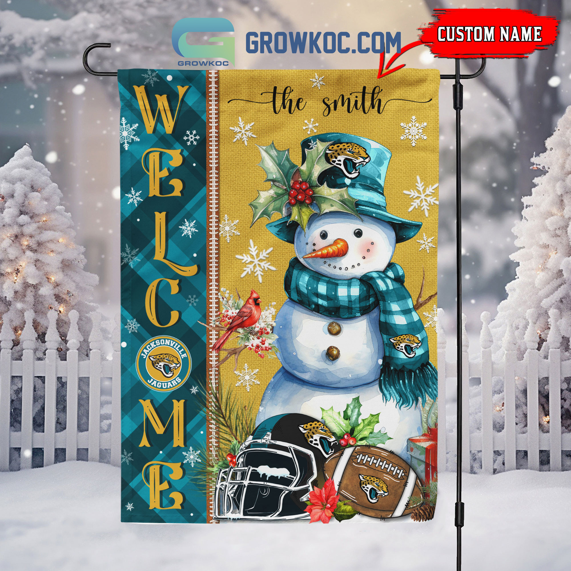 Jacksonville Jaguars Football Snowman Welcome Christmas Personalized House Gargen Flag2B1 40hck