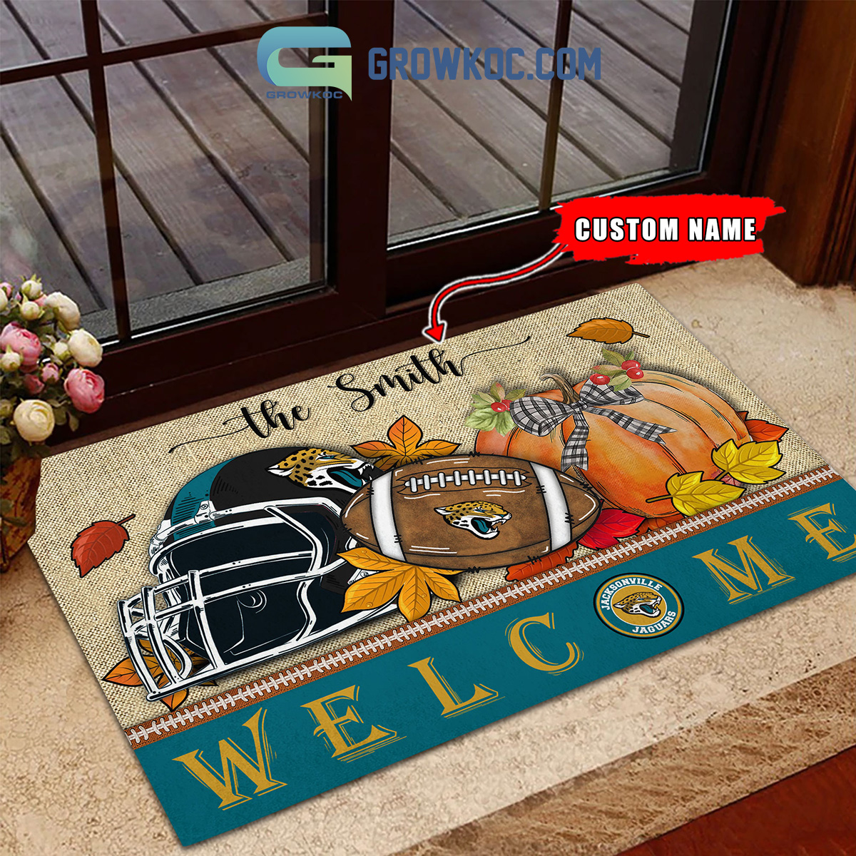 Jacksonville Jaguars NFL Welcome Fall Pumpkin Personalized Doormat2B1 8BXEx