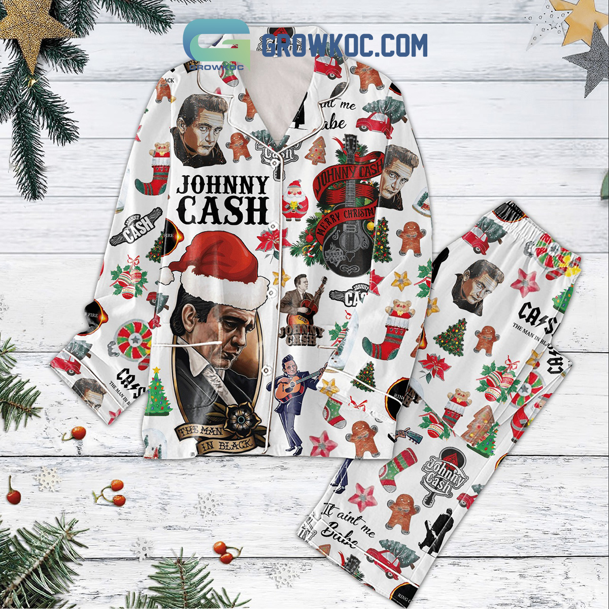 Johnny Cash Merry Christmas Tha Man In Black Pajamas Set2B1 cuj5M