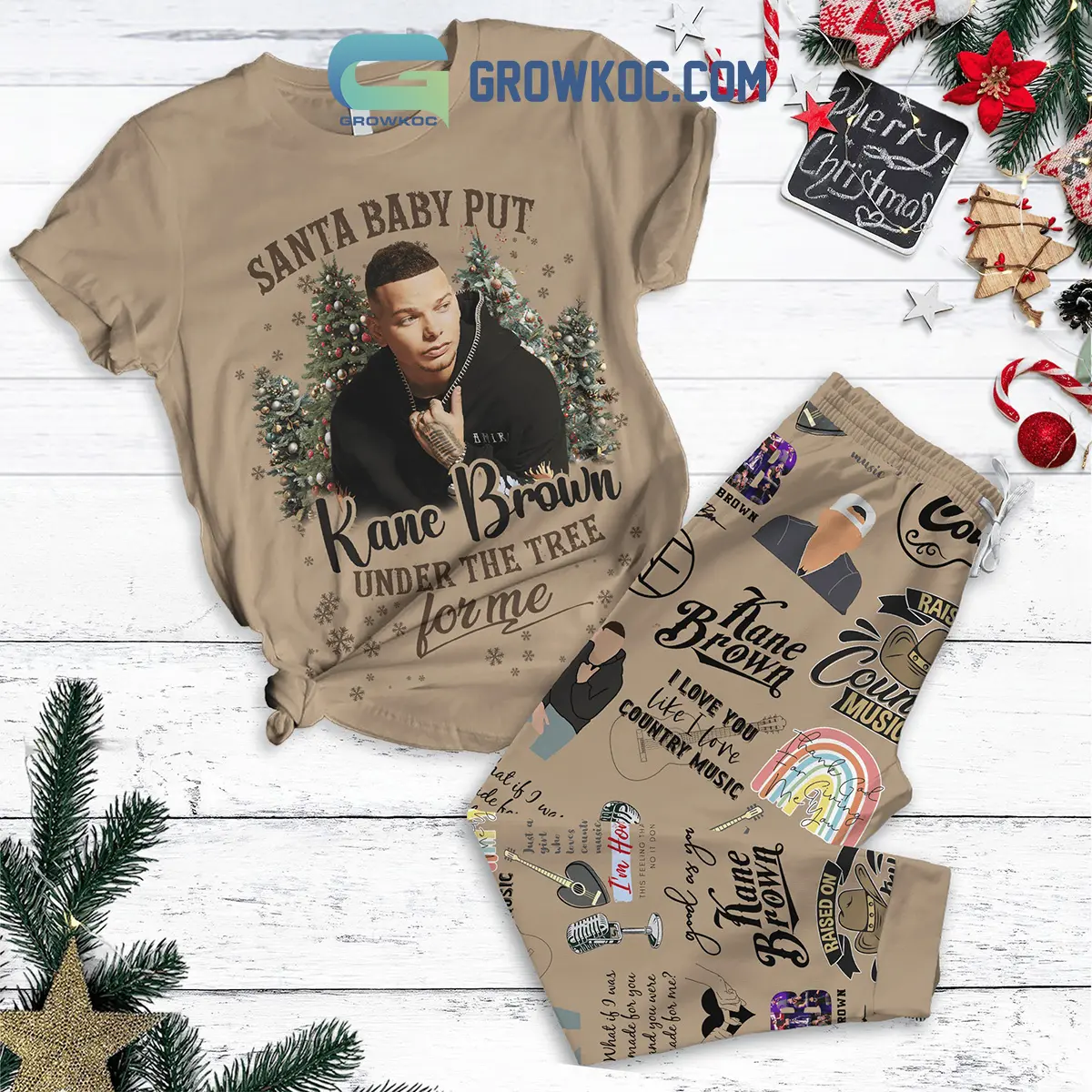 Kane Brown Under The Christmas Tree Beige Version Fleece Pajamas Set2B1 iYKwI