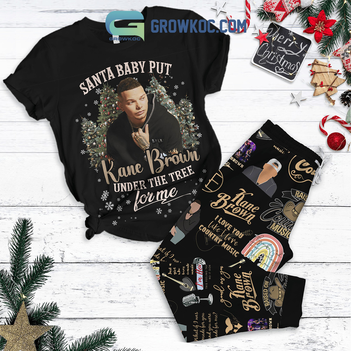 Kane Brown Under The Christmas Tree Fleece Pajamas Set Black Design2B1 x1XSd