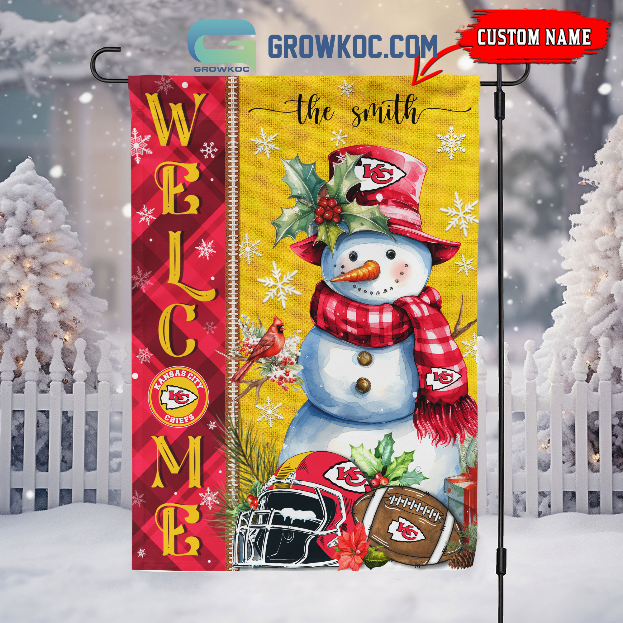 Kansas City Chiefs Football Snowman Welcome Christmas Personalized House Gargen Flag2B1 E1wf6