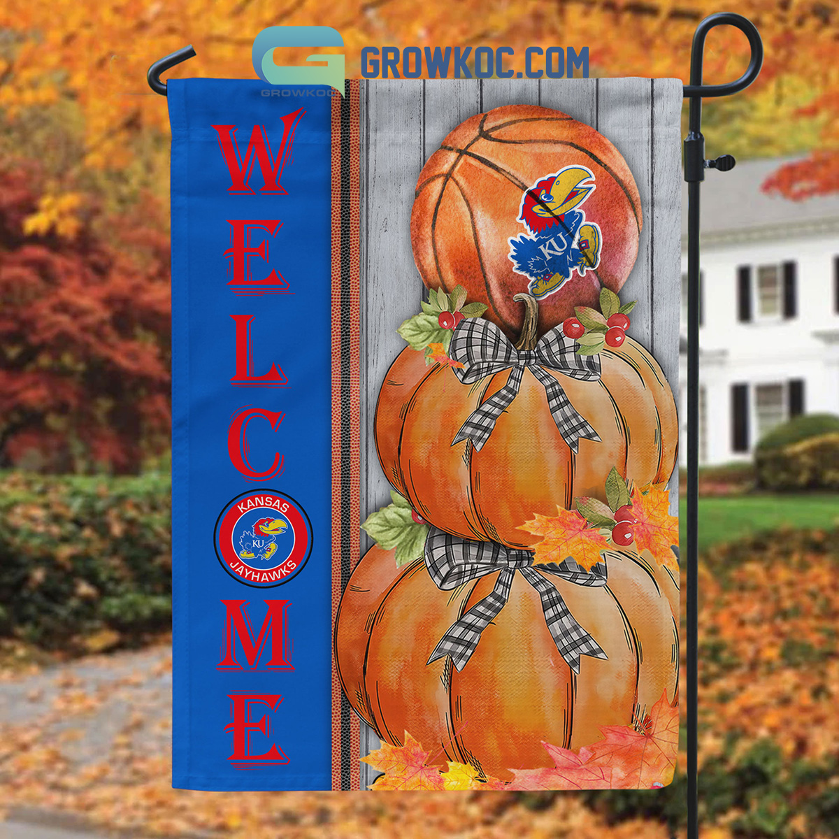 Kansas Jayhawks NCAA Basketball Welcome Fall Pumpkin House Garden Flag2B1 sapow