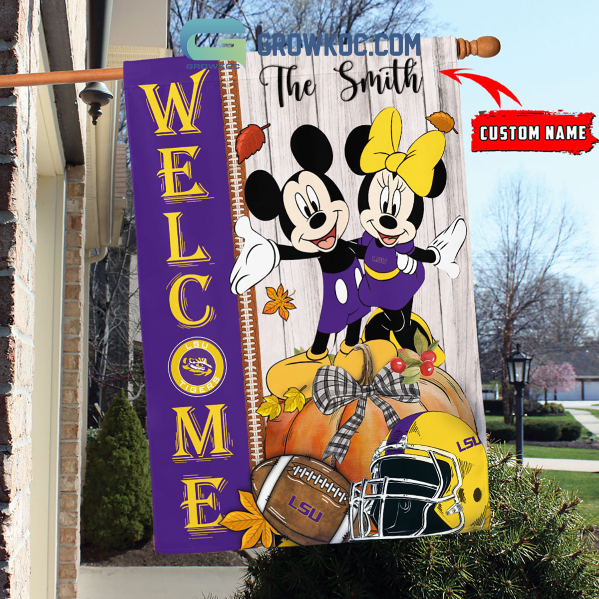 LSU Tigers NCAA Disney Mickey Minnie Welcome Fall Pumpkin Personalized House Garden Flag2B1 6hZSa