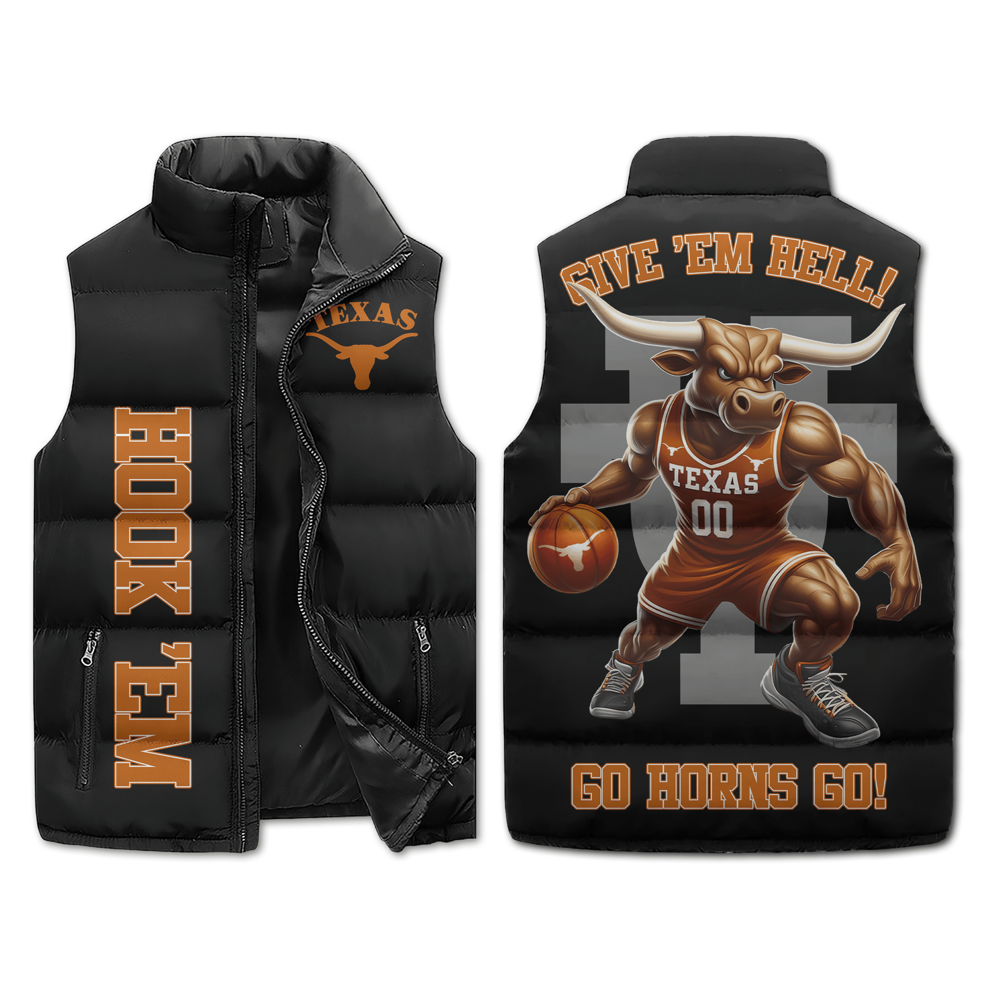 Longhorns Basketball Mascot Puffer Sleeveless Jacket Give Em Hell2B1 Dae3k