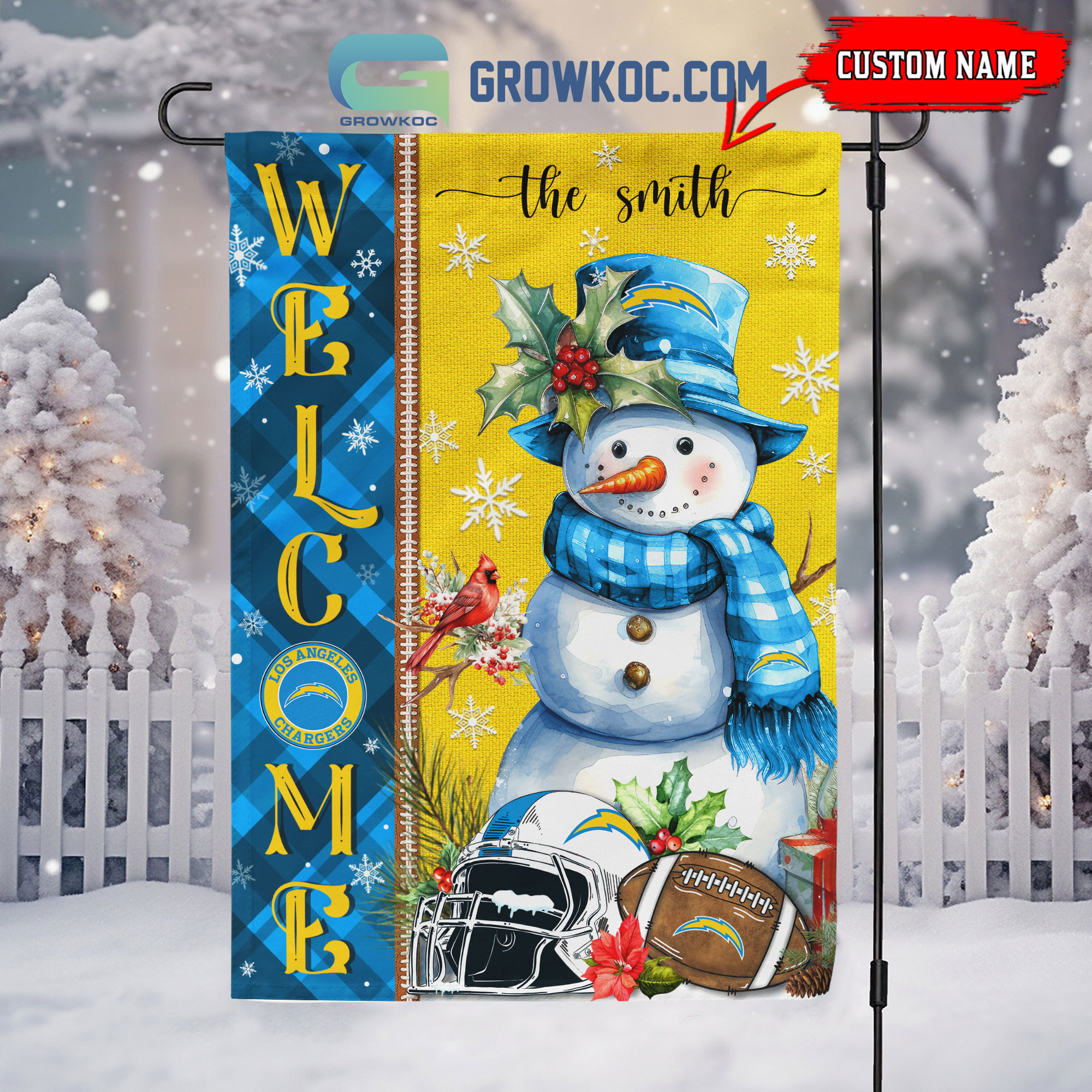 Los Angeles Chargers Football Snowman Welcome Christmas Personalized House Gargen Flag2B1 nhrjK