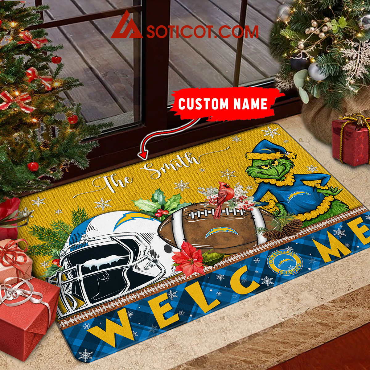 Los Angeles Chargers Grinch Welcome Christmas Football Personalized Doormat2B1 Opr50