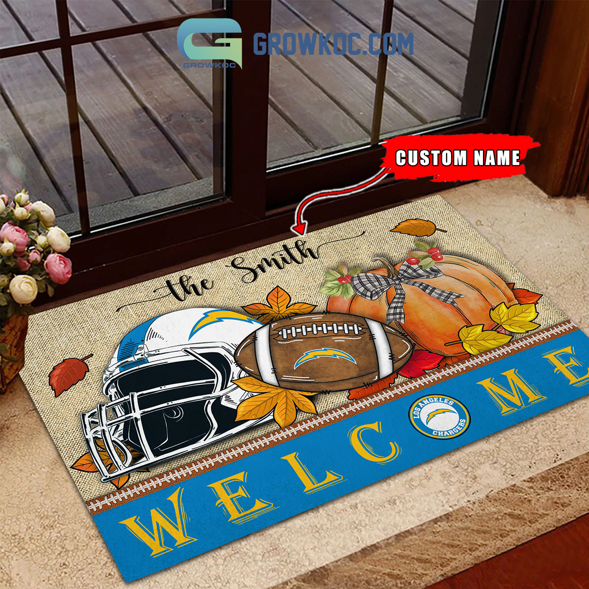 Los Angeles Chargers NFL Welcome Fall Pumpkin Personalized Doormat2B1 lsFcF