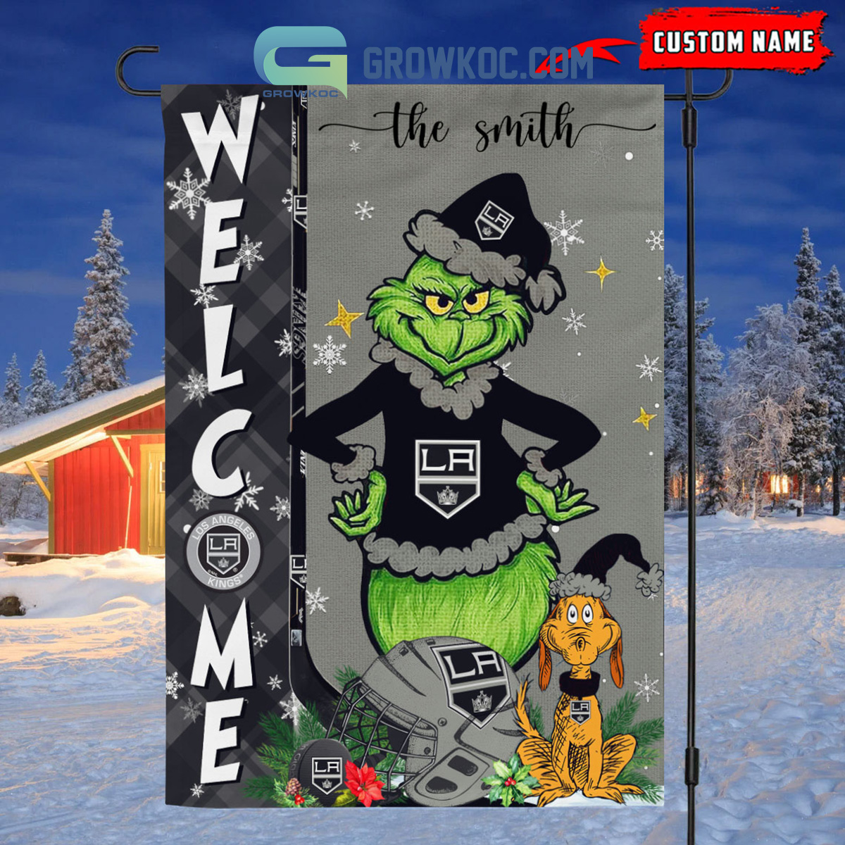 Los Angeles Kings Grinch Christmas Personalized House Garden Flag Canvas2B1 apUxG