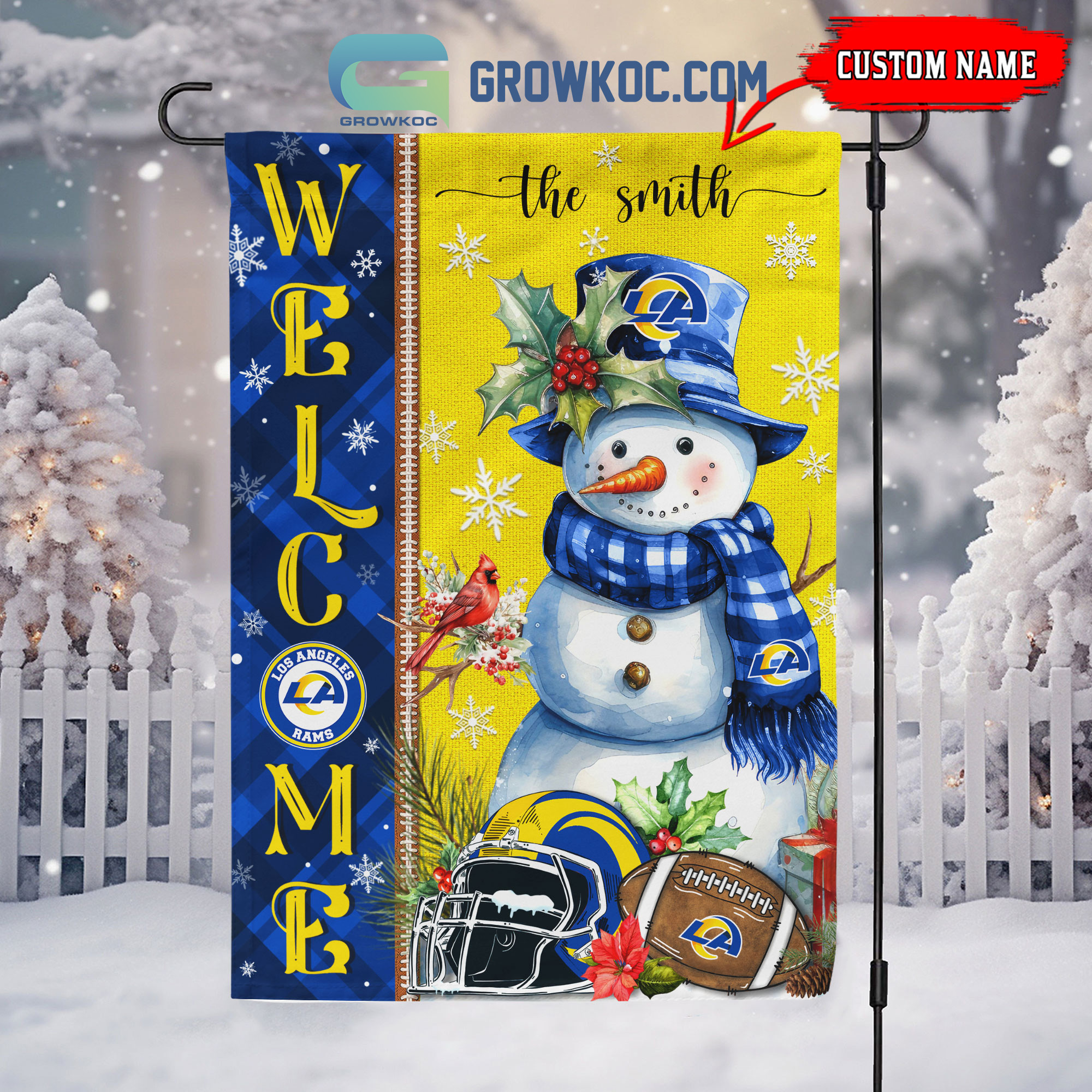 Los Angeles Rams Football Snowman Welcome Christmas Personalized House Gargen Flag2B1 G219I