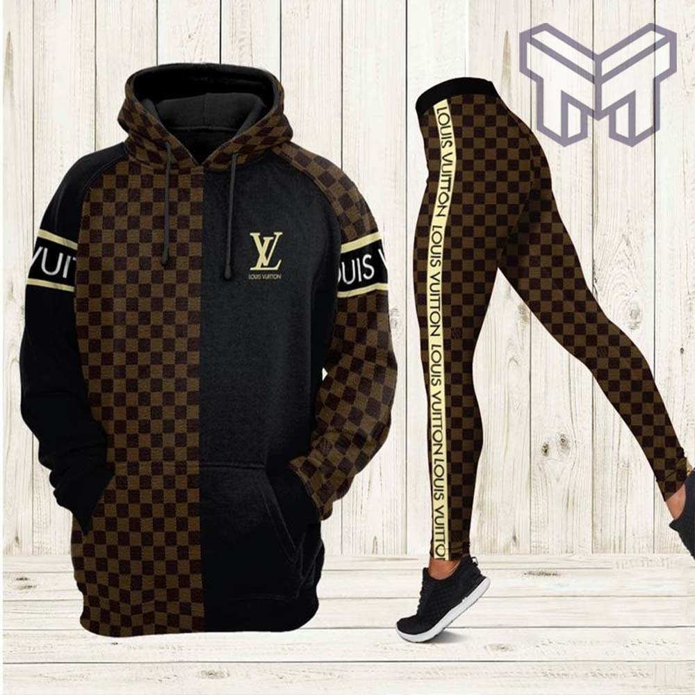 Louis vuitton luxury brand brown chess pattern 3d hoodie leggings set lv gift hot 2023