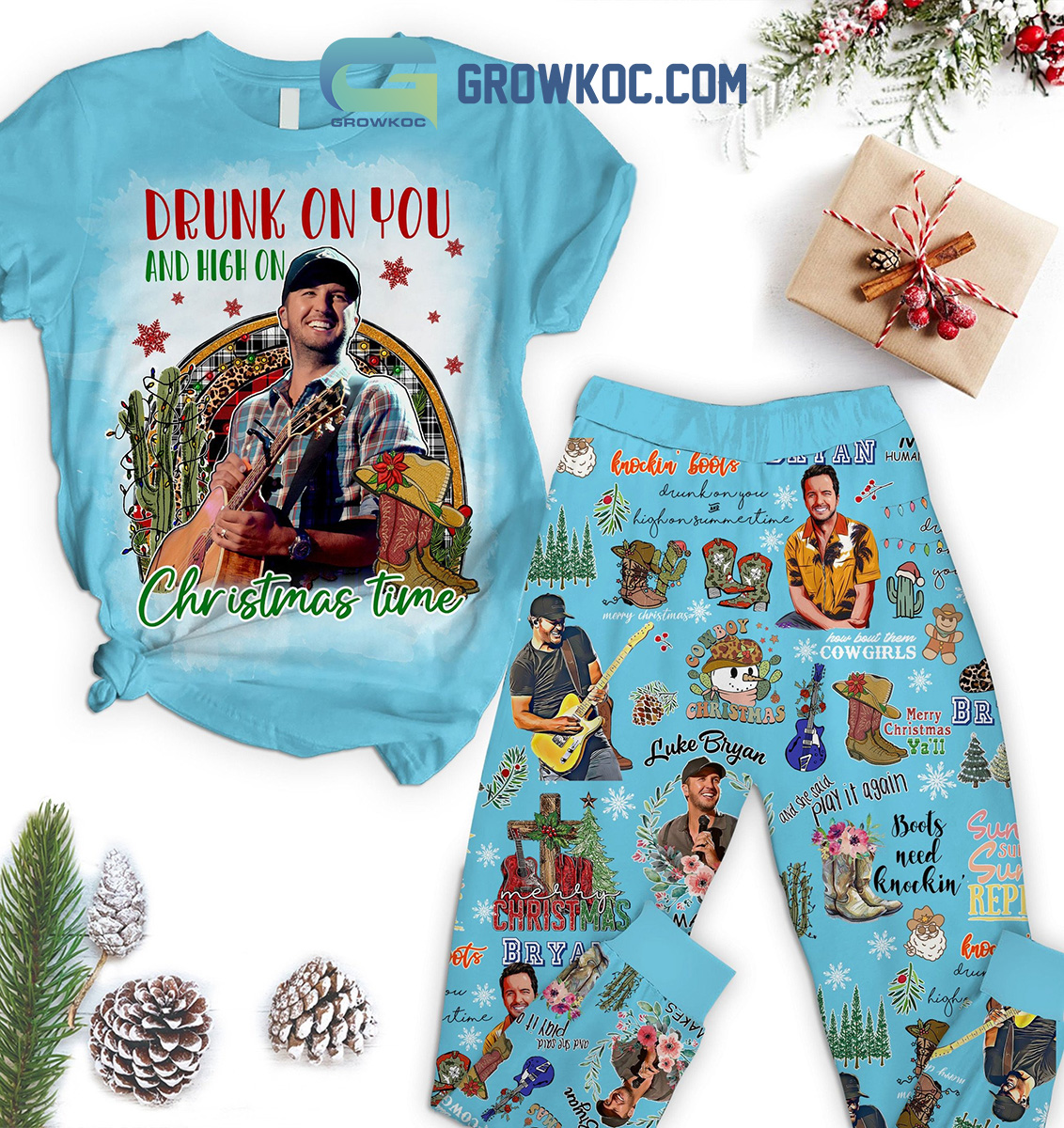 Luke Bryan Drunk On You And High On Christmas Time Pajamas Set2B1 Zncpn