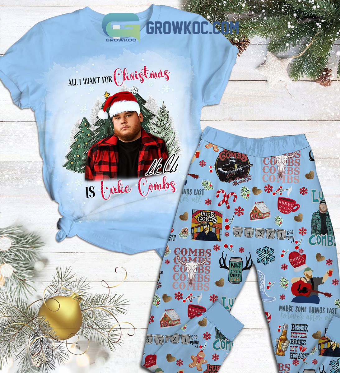 Luke Combs All I Want For Christmas Is Luke Combs Blue Design Maybe Something Last Forever After All Fleece Pajama Sets2B1 VgNVk