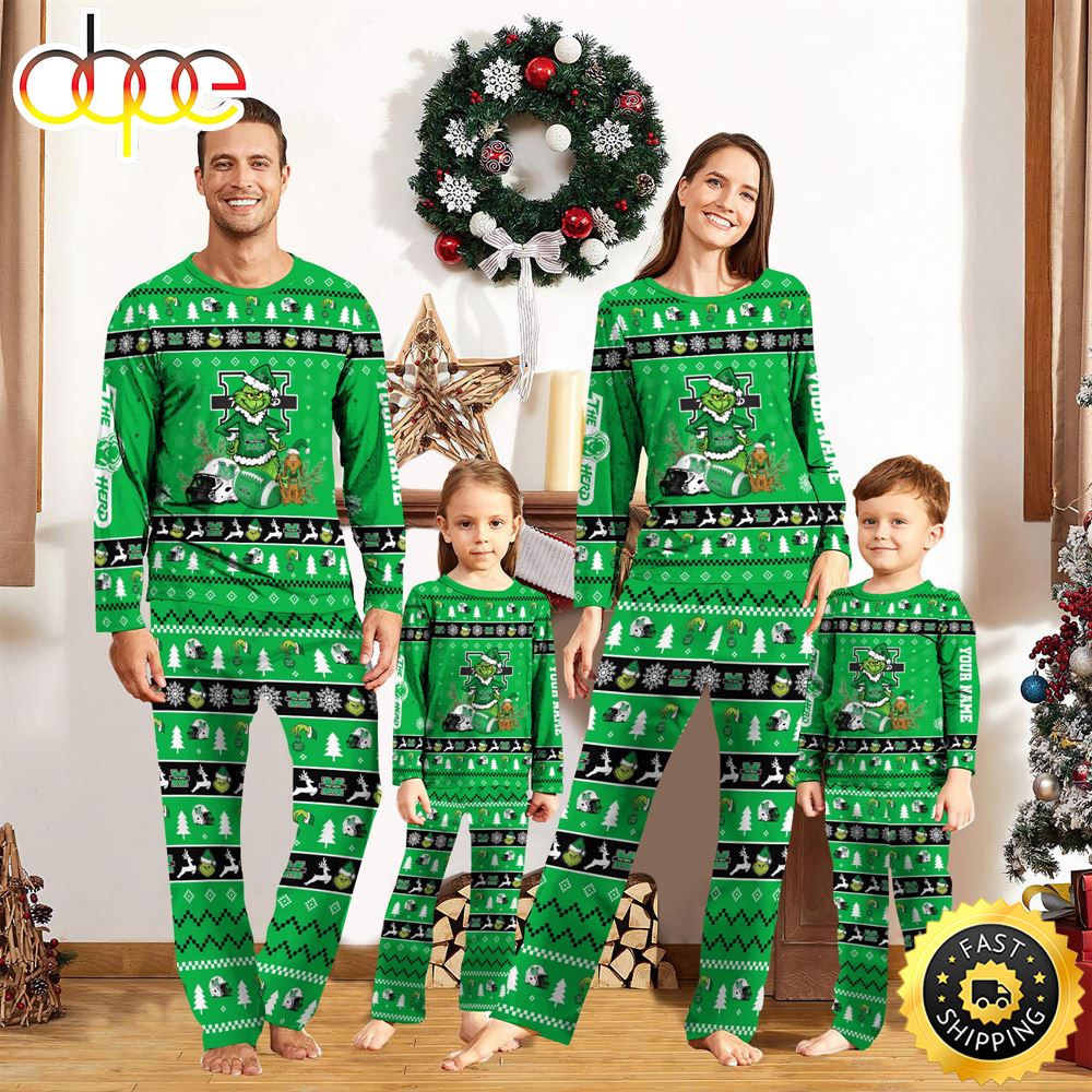 Marshall Thundering Herd NCAA Custom Name Grinch Christmas And Sport Team Pajama Set jvgv15