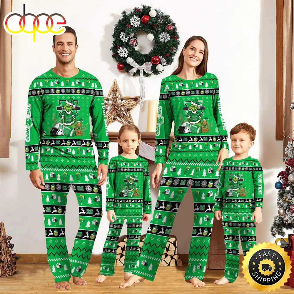 Marshall Thundering Herd NCAA Custom Name Grinch Christmas And Sport Team Pajama Set jvgv15