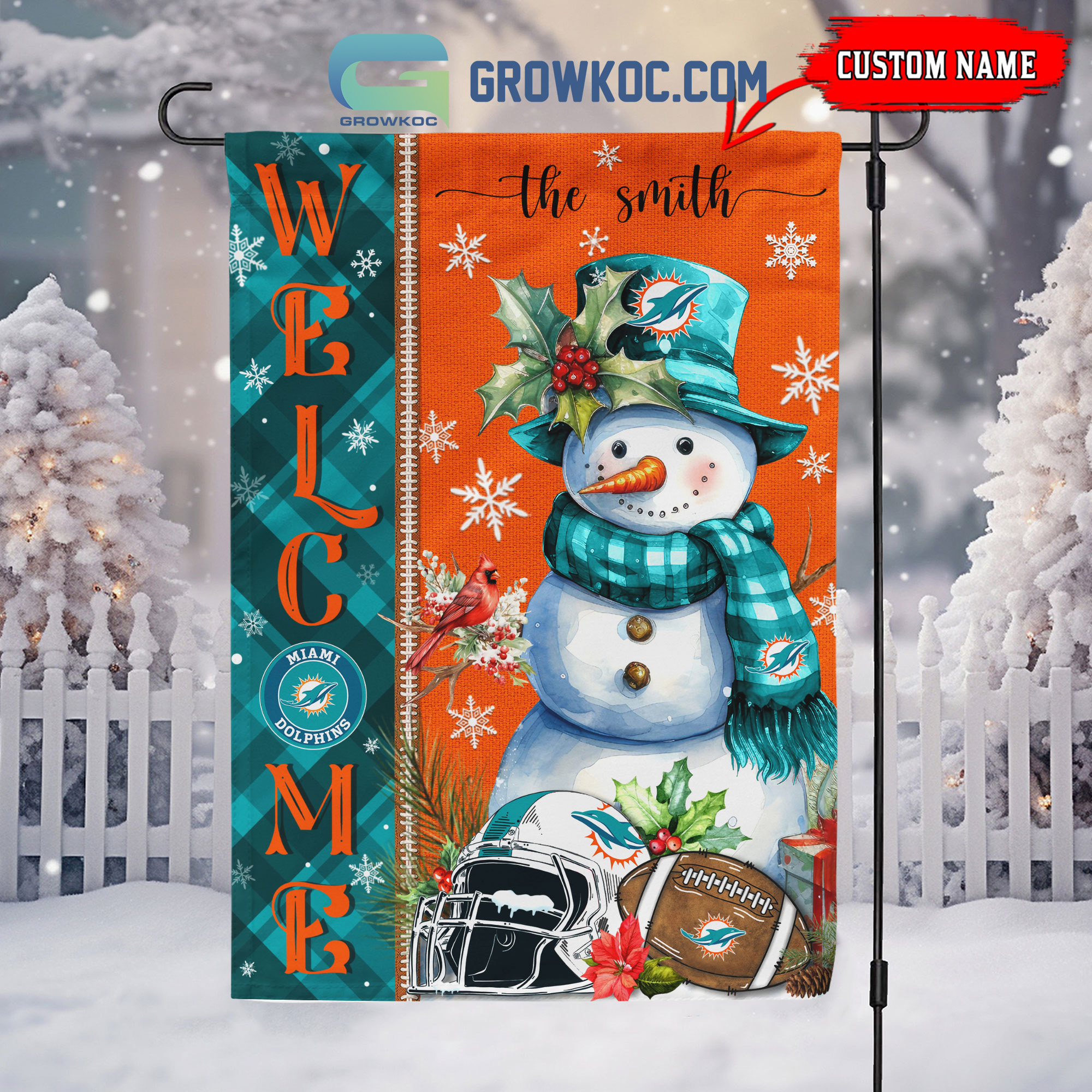 Miami Dolphins Football Snowman Welcome Christmas Personalized House Gargen Flag2B1 lpwJW