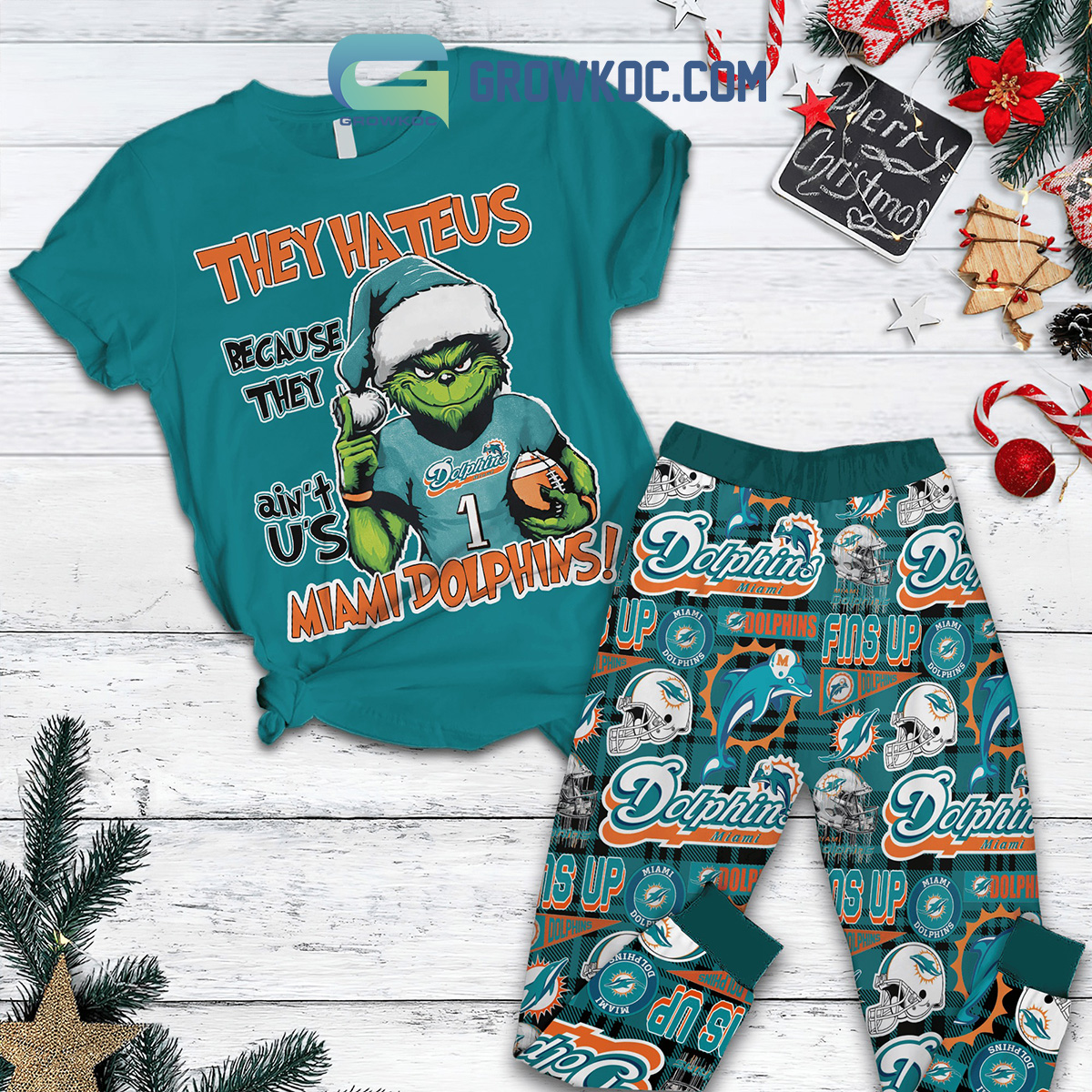 Miami Dolphins Grinch They Hate Us Christmas Fleece Pajamas Set2B1 VsK8w