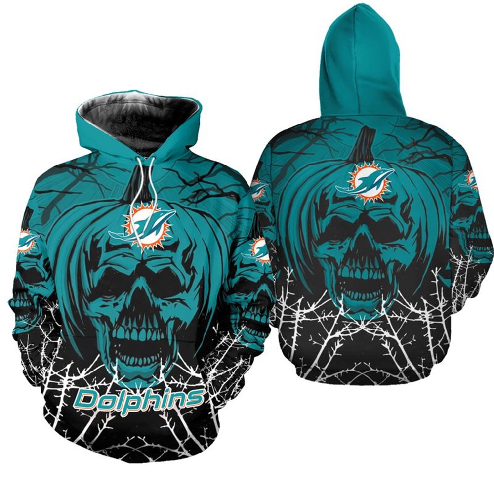 Miami Dolphins Halloween Pumpkin Skull Print Zip Hoodie The Perfect Halloween Look For Fans 0