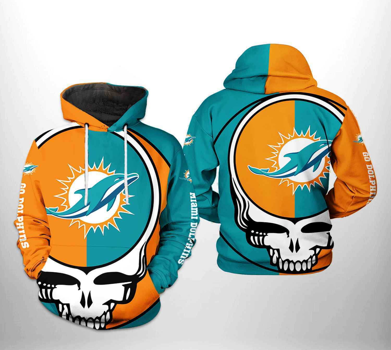 Miami Dolphins Hoodie Team Logo Grateful Dead Skull Style 0