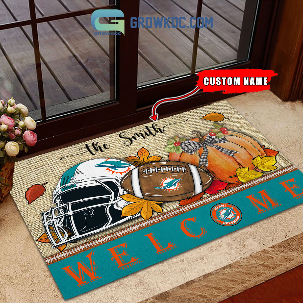 Miami Dolphins NFL Welcome Fall Pumpkin Personalized Doormat2B1 RHWuC