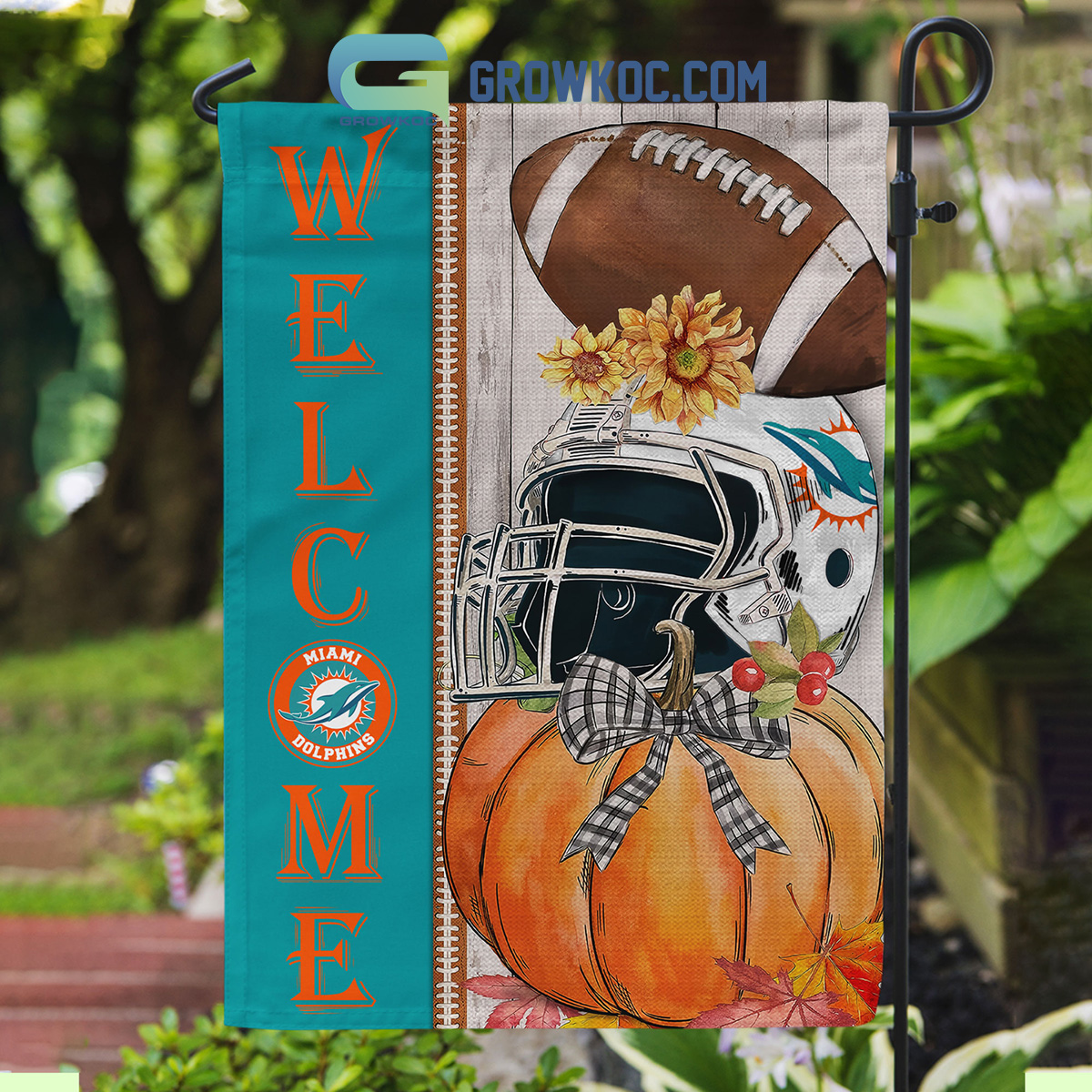 Miami Dolphins NFL Welcome Fall Pumpkin Personalized House Garden Flag2B1 ZbLil