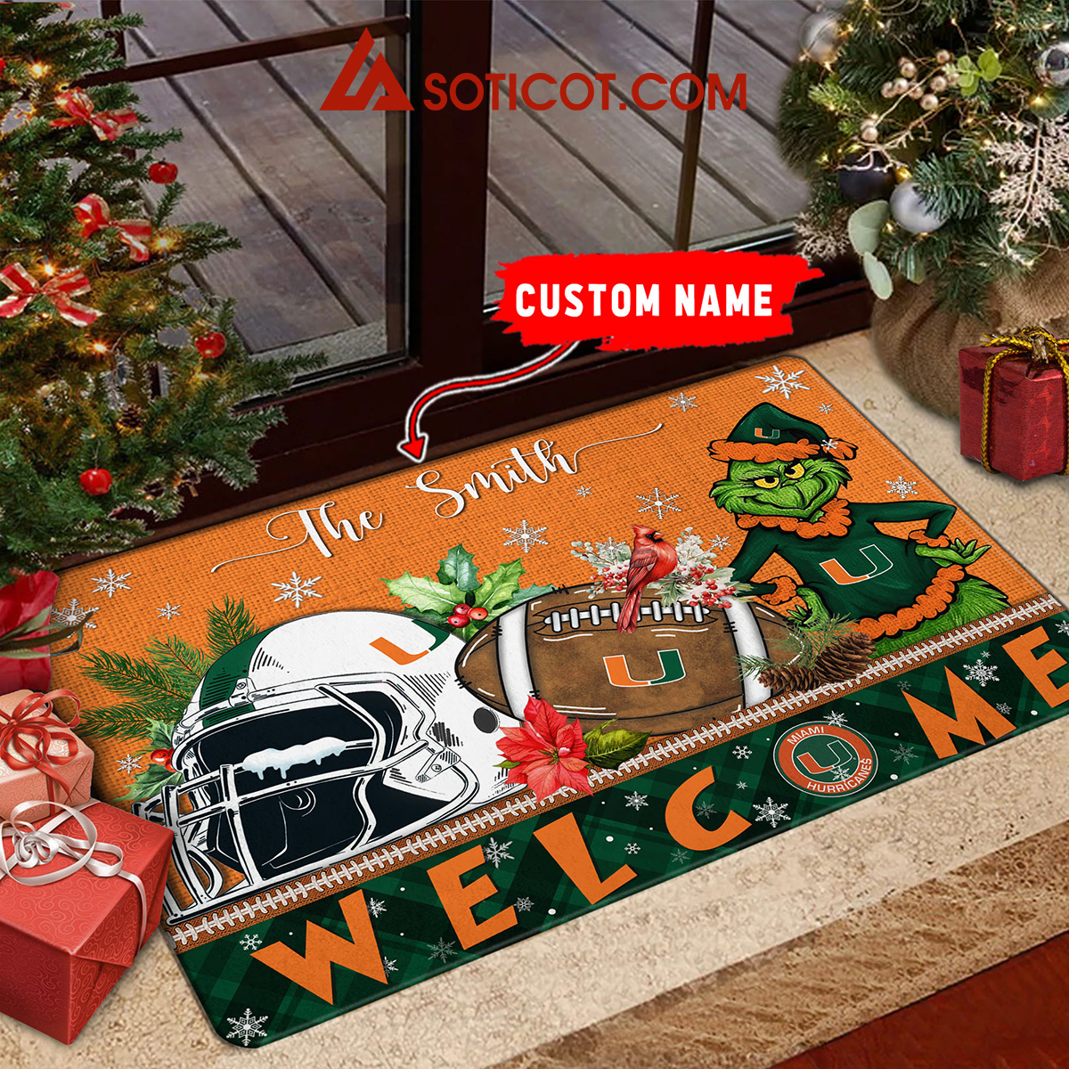 Miami Hurricanes Grinch Welcome Christmas Football Personalized Doormat2B1 CVZZP