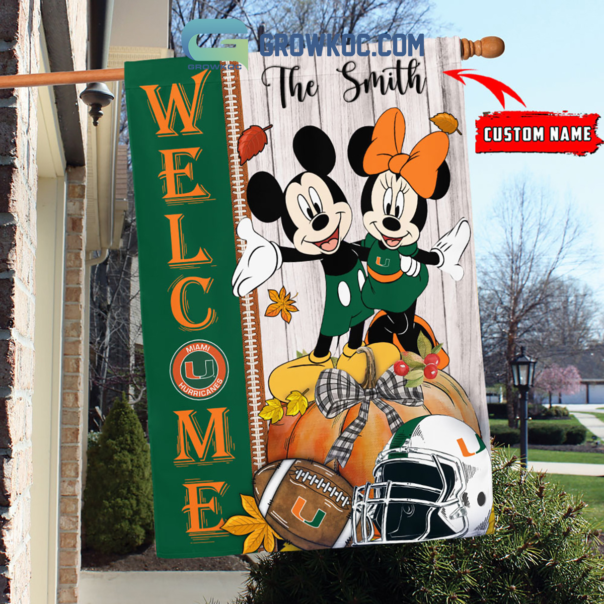 Miami Hurricanes NCAA Disney Mickey Minnie Welcome Fall Pumpkin Personalized House Garden Flag2B1 MSHqD