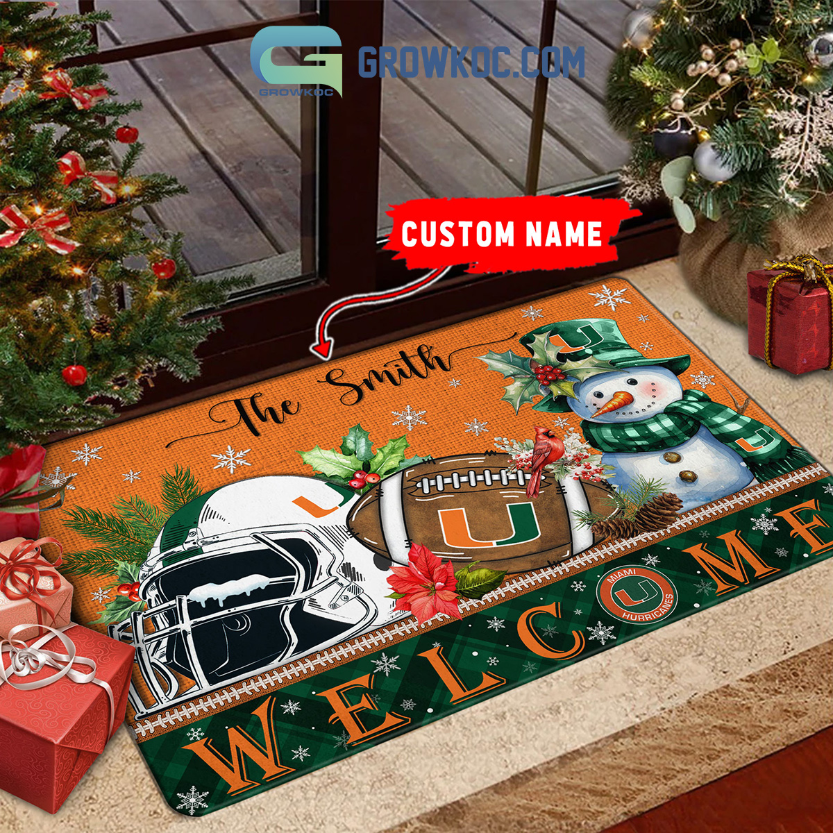 Miami Hurricanes Snowman Welcome Christmas Football Personalized Doormat2B1 F994u