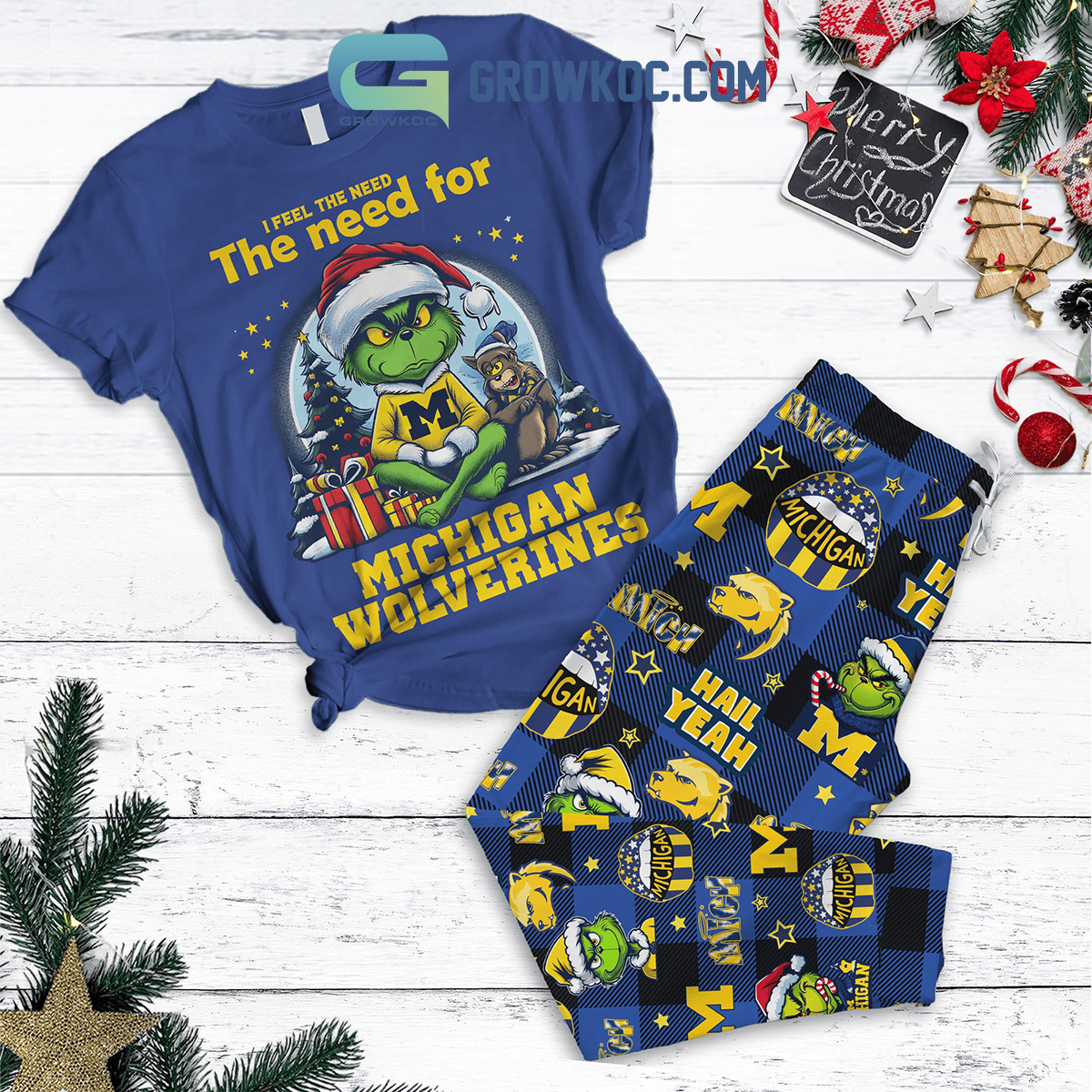 Michigan Wolverines Grinch Christmas I Feel The Need Fleece Pajamas Set2B1 4cjL9