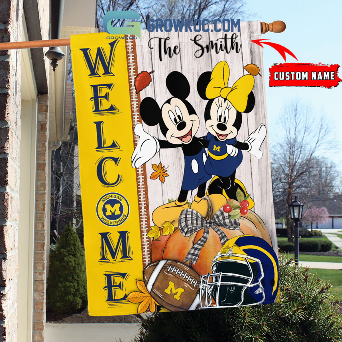 Michigan Wolverines NCAA Disney Mickey Minnie Welcome Fall Pumpkin Personalized House Garden Flag2B1 hzNXA