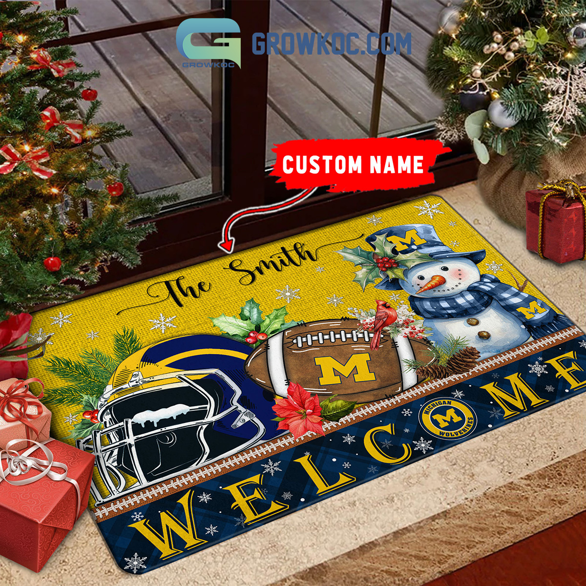 Michigan Wolverines Snowman Welcome Christmas Football Personalized Doormat2B1 AhsxT