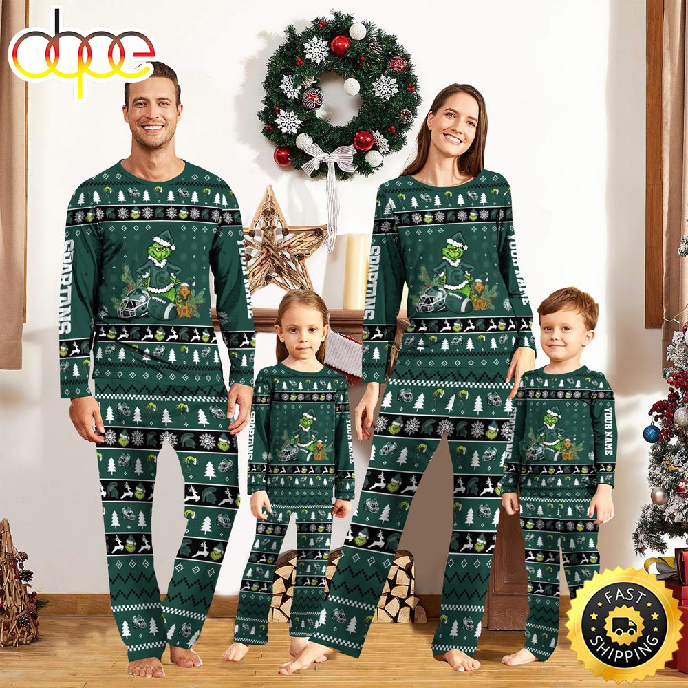 Michigan State Spartans NCAA Custom Name Grinch Christmas And Sport Team Pajama Set wn0xcz