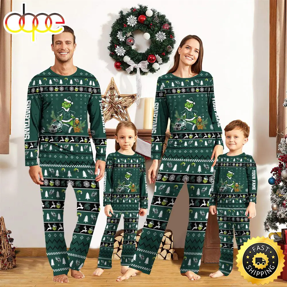 Michigan State Spartans NCAA Custom Name Grinch Christmas And Sport Team Pajama Set wn0xcz