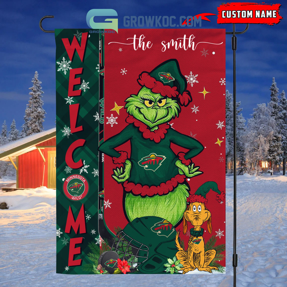 Minnesota Wild Grinch Christmas Personalized House Garden Flag Canvas2B1 HtdhS