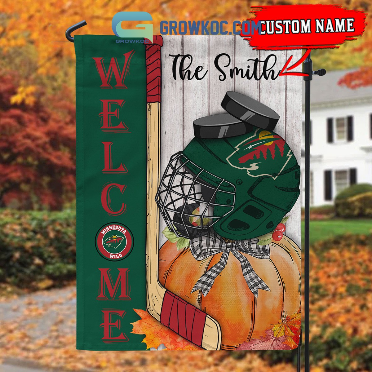 Minnesota Wild NHL Welcome Fall Pumpkin Personalized House Garden Flag2B1 eo2ma