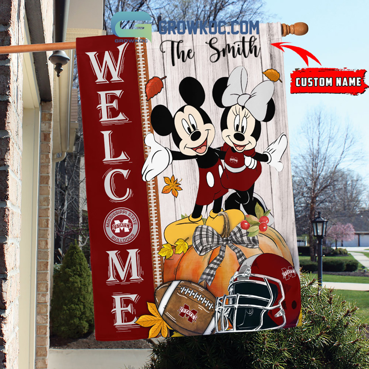 Mississippi State Bulldogs NCAA Disney Mickey Minnie Welcome Fall Pumpkin Personalized House Garden Flag2B1 kJGx1